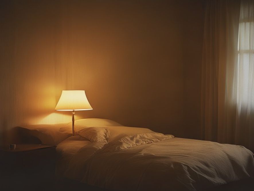 A darkened bedroom at night with soft warm lamplight transitioning to complete darkness, emphasizing light control